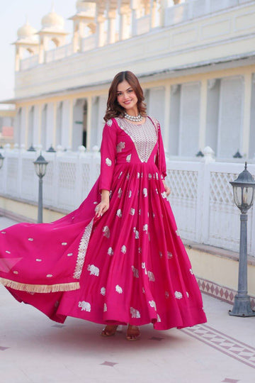 Designer Georgette Rani Pink Traditional Anarkali Gown With Dupatta