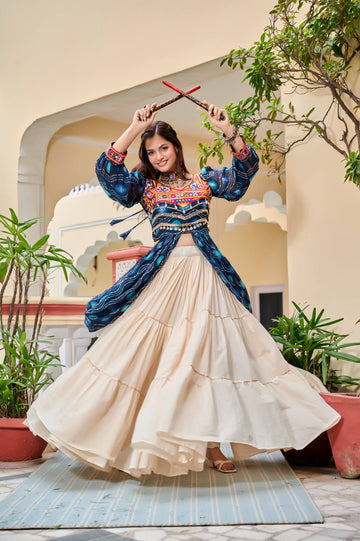 Navratri Wear Blue Cotton Stitched Lehenga With Shrug