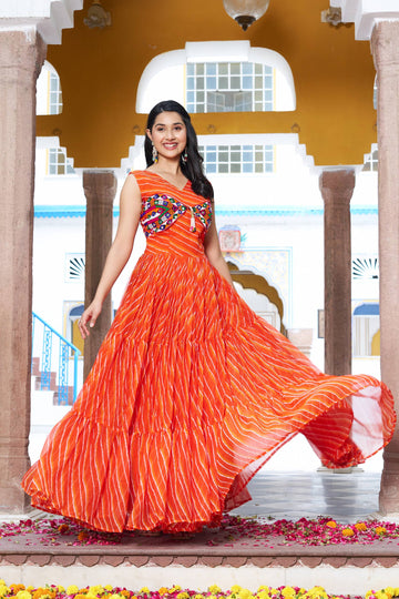 Indian Bandhani Printed Orange Navratri Mirror Work Gown