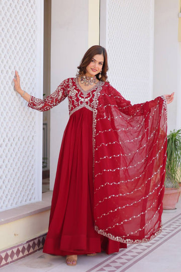 Traditional Maroon Color Georgette Sequins Work Party Anarkali Gown