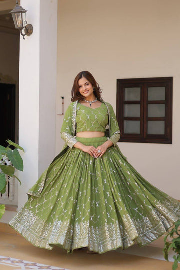 Excellent Green Georgette Trendy Lehenga Choil For Sangeet Ceremonies