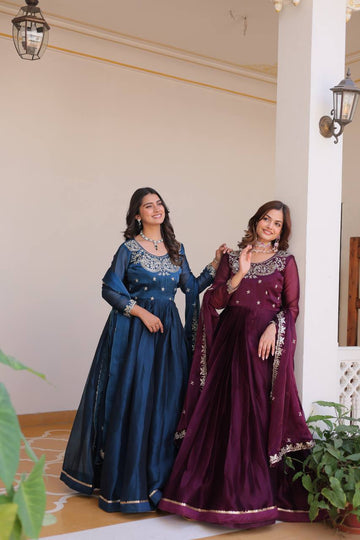 Bollywood Designer pure burberry silk Blue Long Gown with Dupatta Set