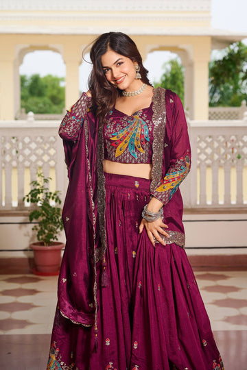 Elegance Wine Color Vichitra Wedding Chaniya Choli