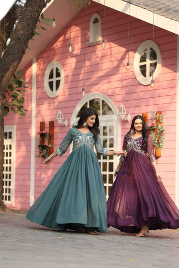 Green Color Fox Georgette Work Designer Long Gown
