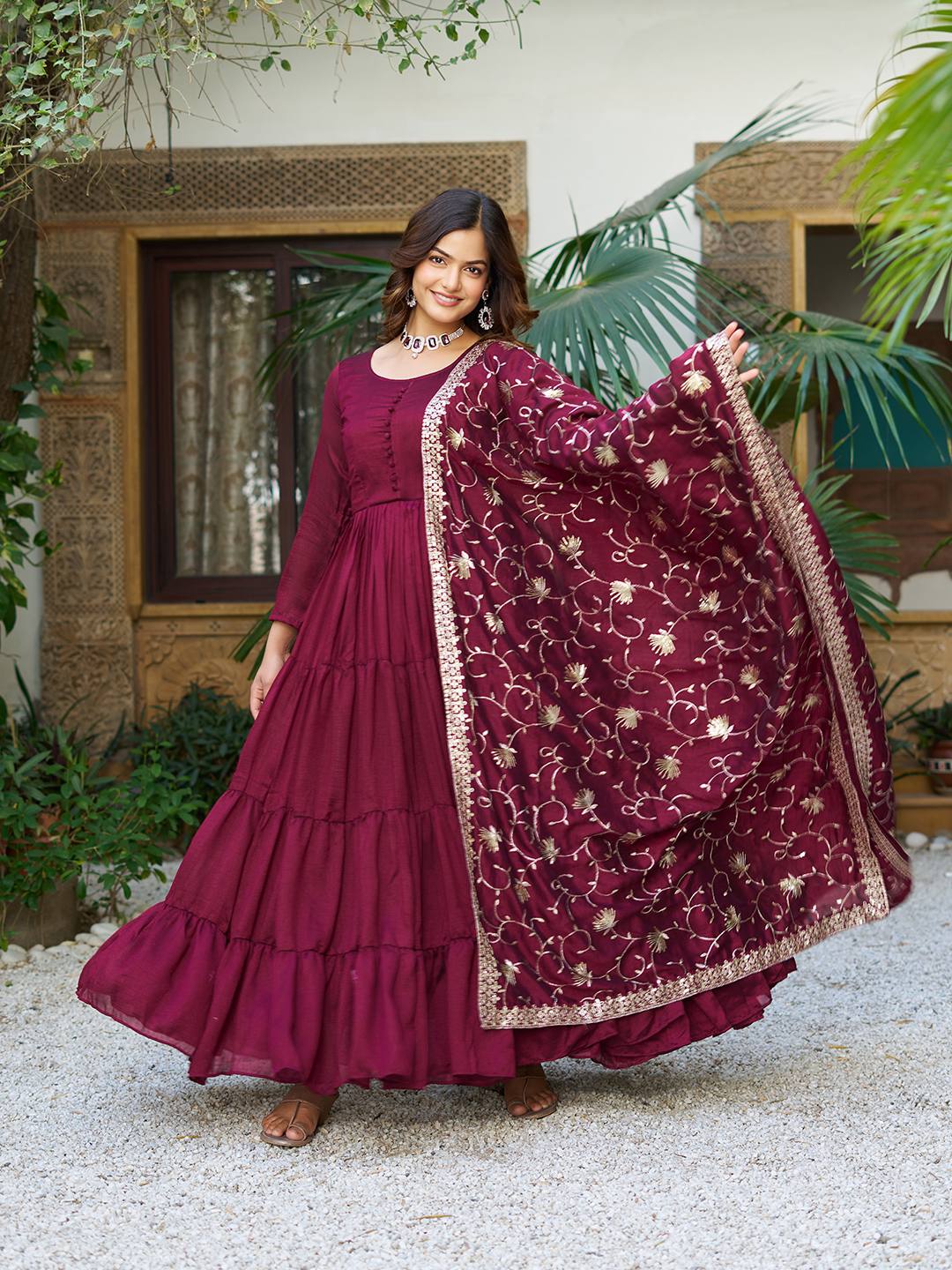 Exclusive Maroon Color Vichitra Silk Gown With Dupatta