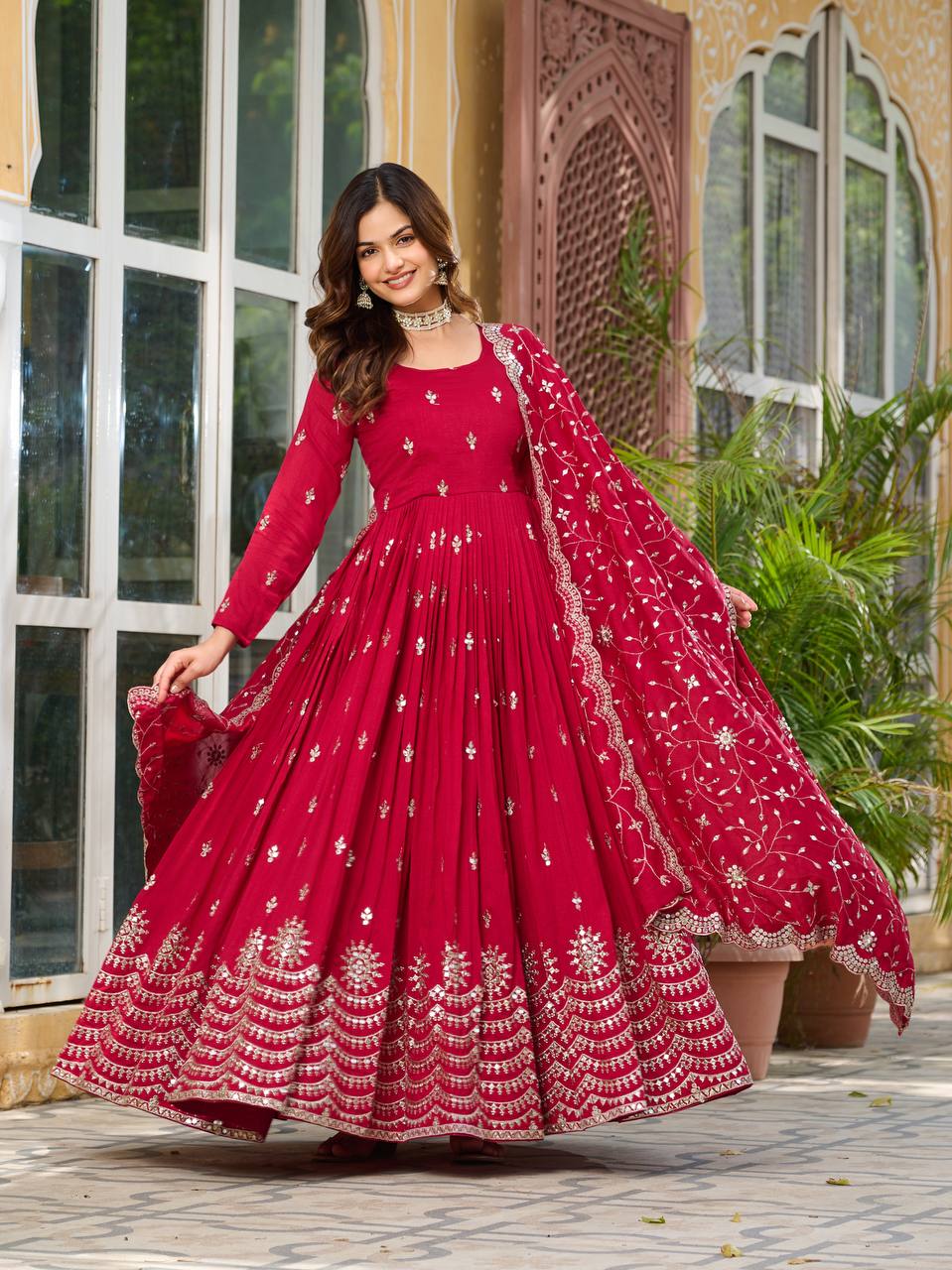 Classy Red Color Vichitra Silk Wedding Anarkali Gown With Dupatta