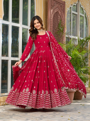 Classy Red Color Vichitra Silk Wedding Anarkali Gown With Dupatta