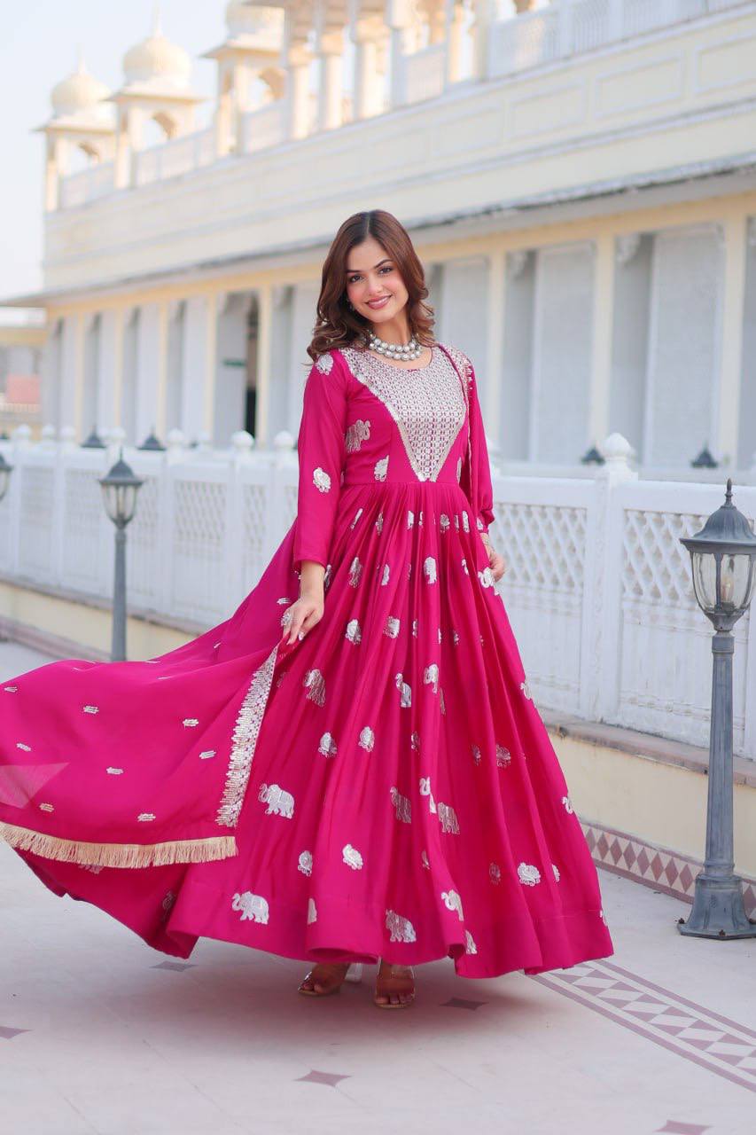 Designer Georgette Rani Pink Traditional Anarkali Gown With Dupatta