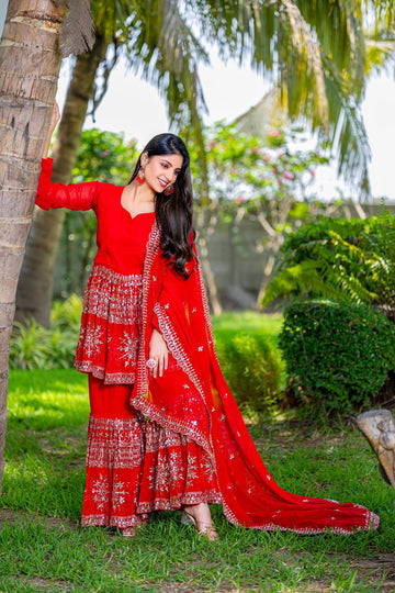 Designer Party Wear Special Red Color Top & Sarara Pair With Dupatta