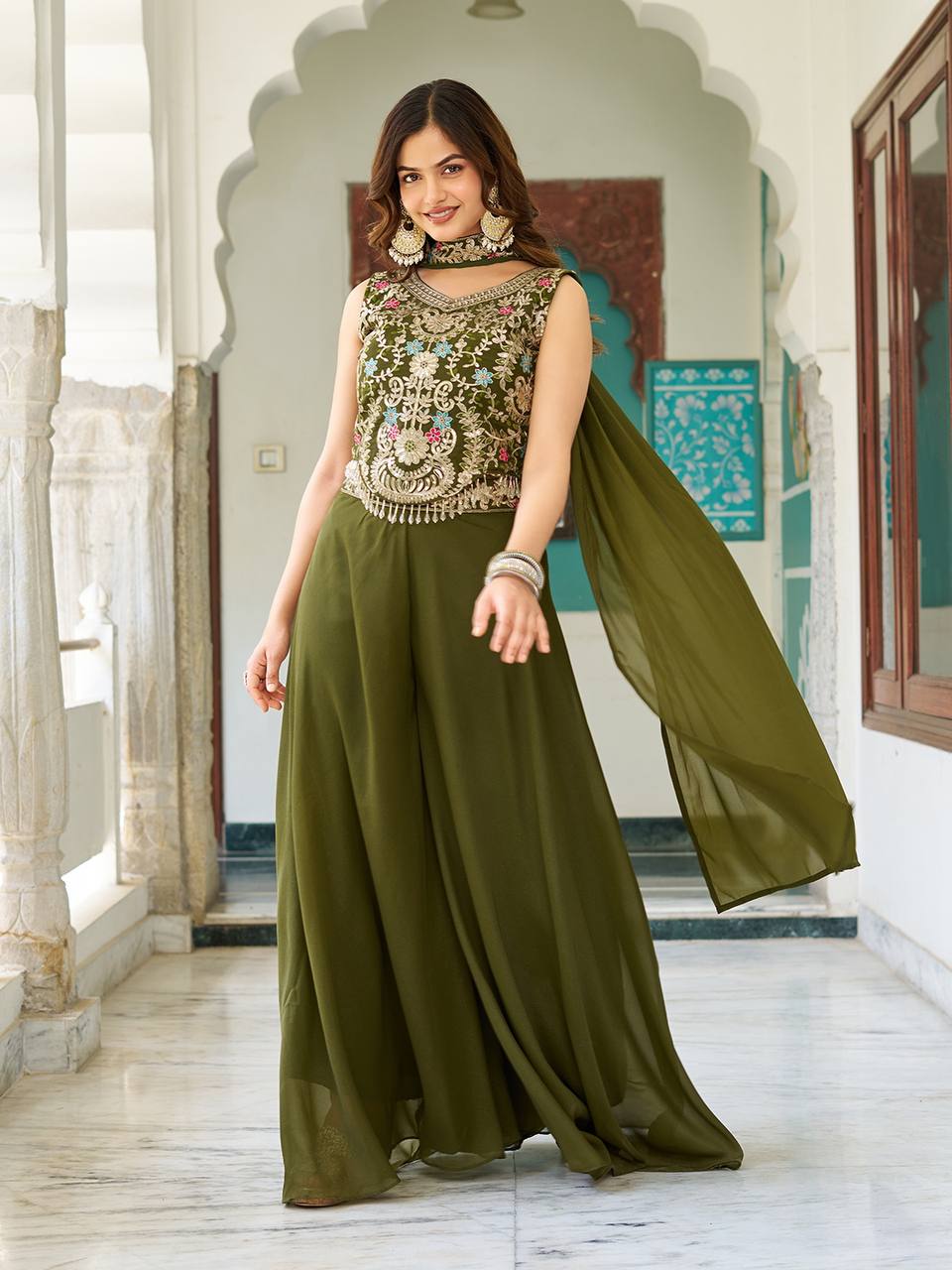 Bridesmaid Mehendi Color Georgette Party Palazzo Suit