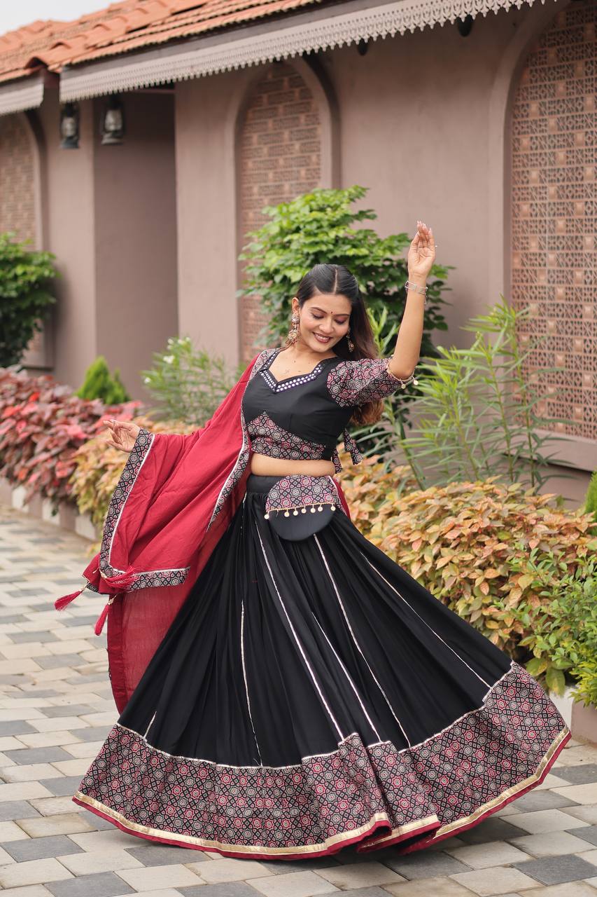 Navratri Wear Black Cotton Chaniya Choli For Women