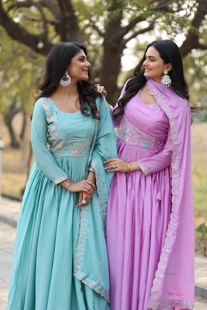 Designer Sky Blue Chinon Wedding Wear Gown for Women