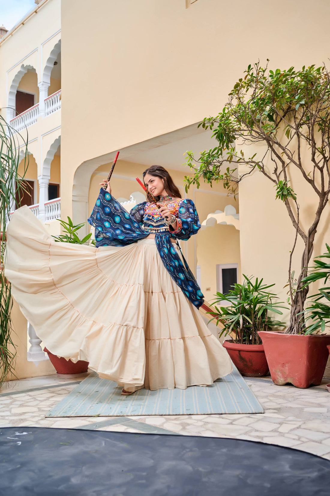 Navratri Wear Blue Cotton Stitched Lehenga With Shrug