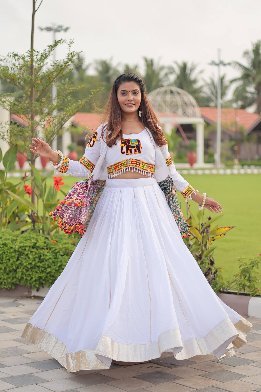 Festive Wear White Cotton Lehenga Choli With Koti