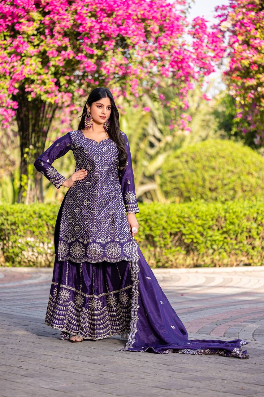 Presenting Purple Color Chinon Readymade Sharara Suit For Wedding
