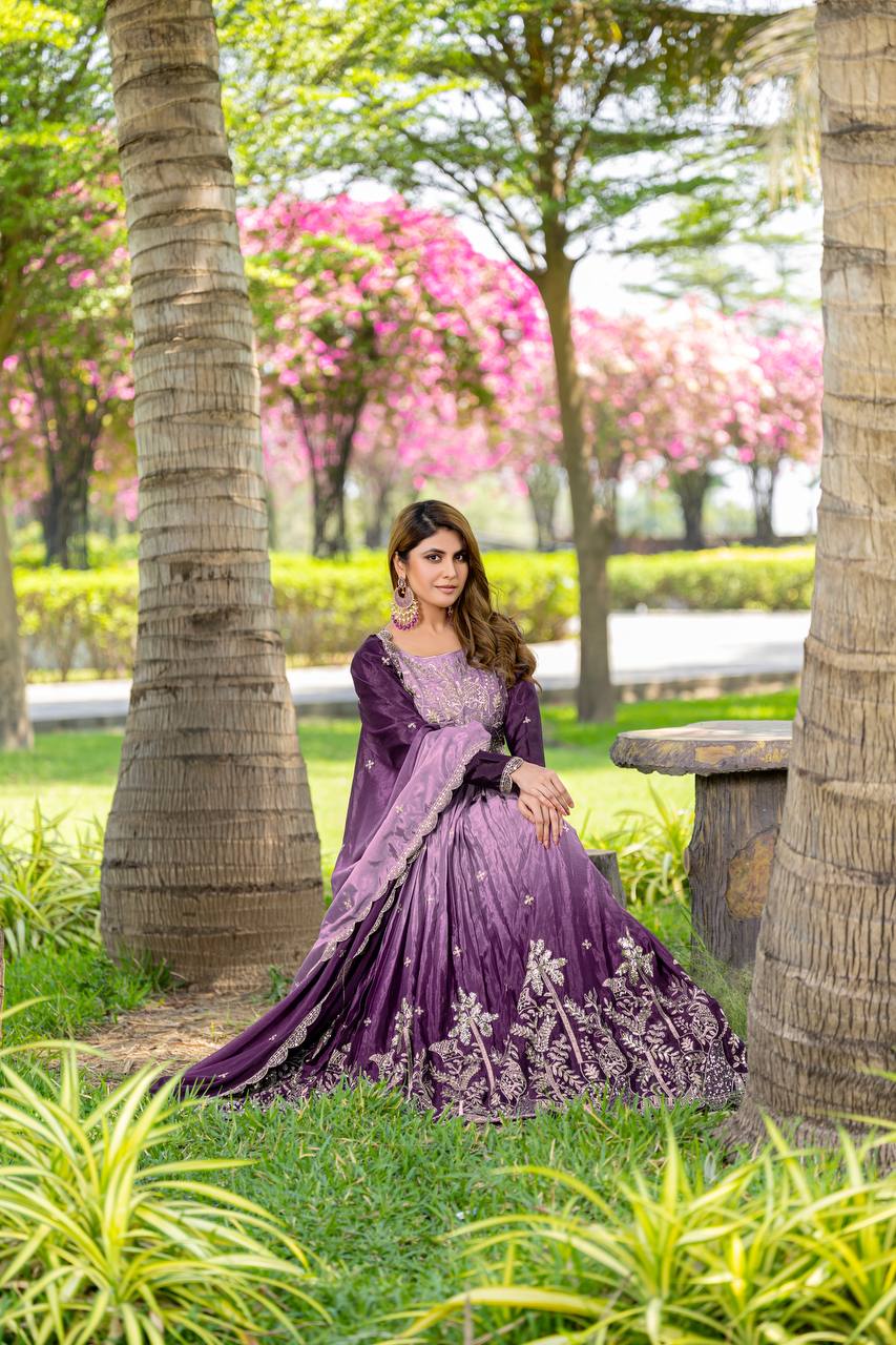 Adorable Purple Color Ready To Wear Fancy Gown For Wedding