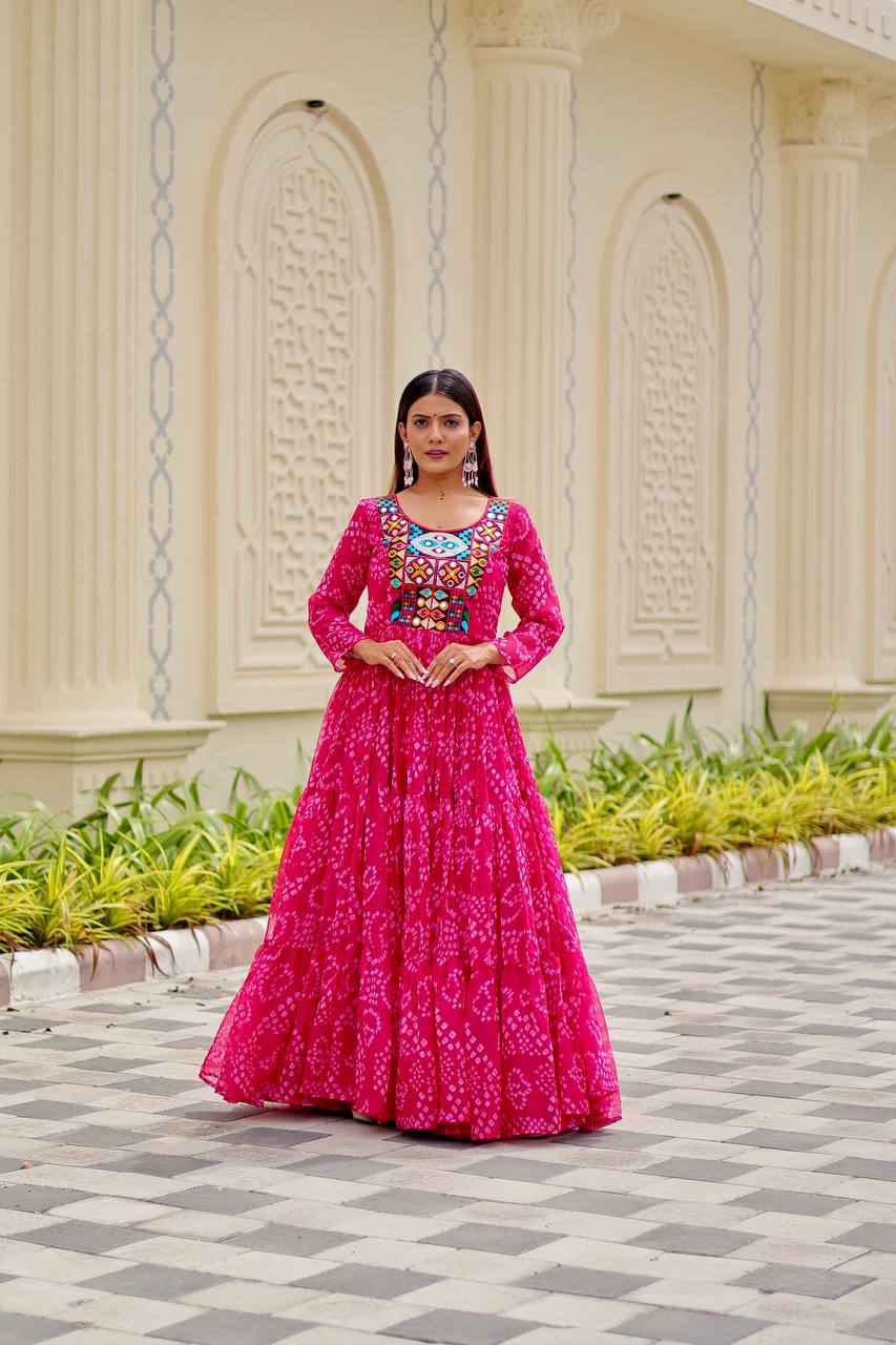 Classic Pink Georgette Embroidery Work Gown For Garba