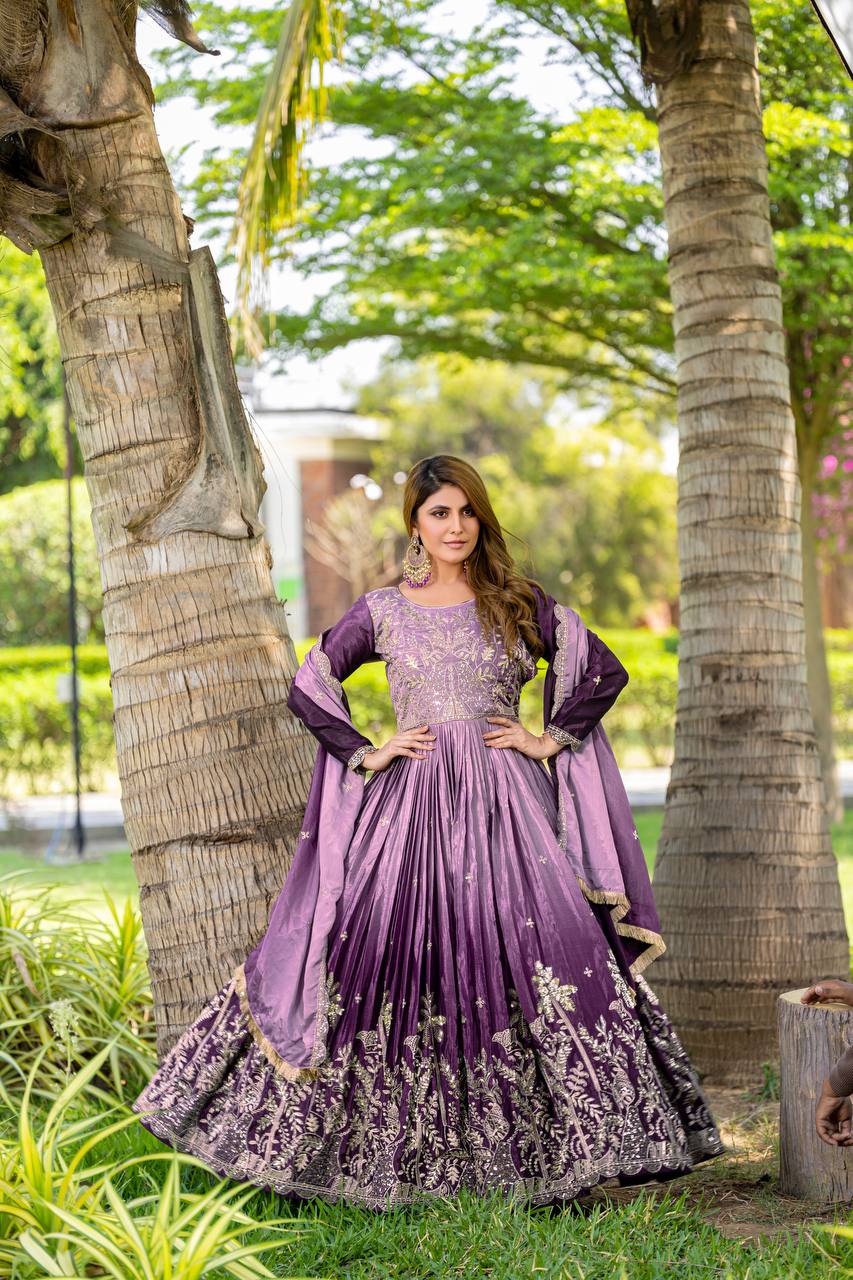 Adorable Purple Color Ready To Wear Fancy Gown For Wedding