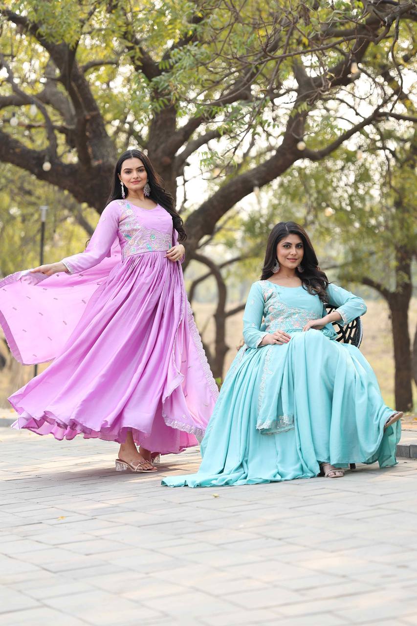 Exclusive Lavender Color Chinon Designer Party Long Gown With Dupatta