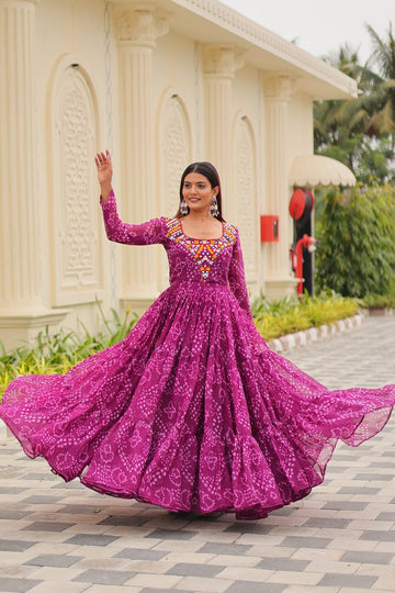 Ready To Wear Pink Georgette Real Mirror Work Gown For Garba