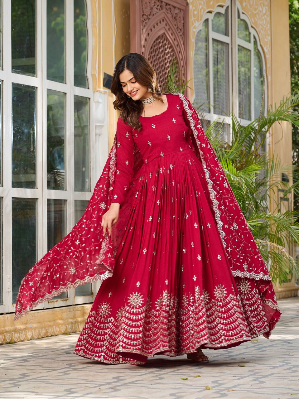 Classy Red Color Vichitra Silk Wedding Anarkali Gown With Dupatta