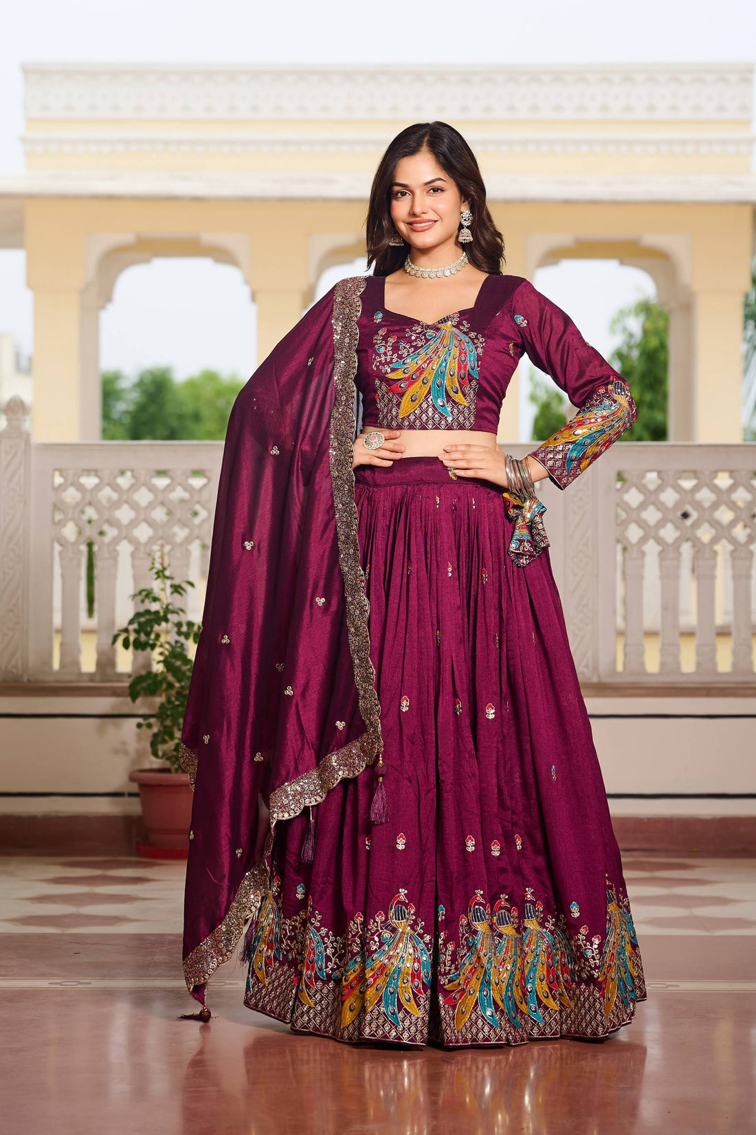 Elegance Wine Color Vichitra Wedding Chaniya Choli