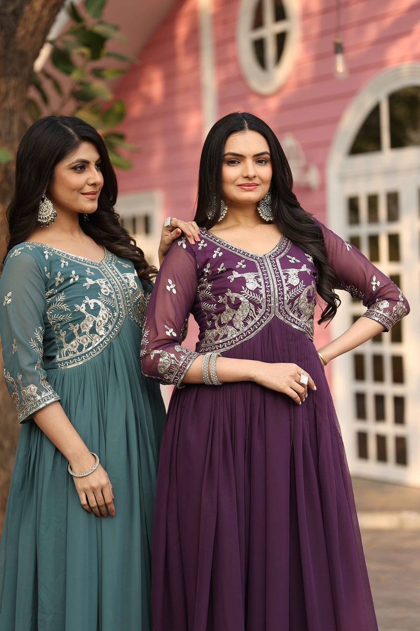 Green Color Fox Georgette Work Designer Long Gown