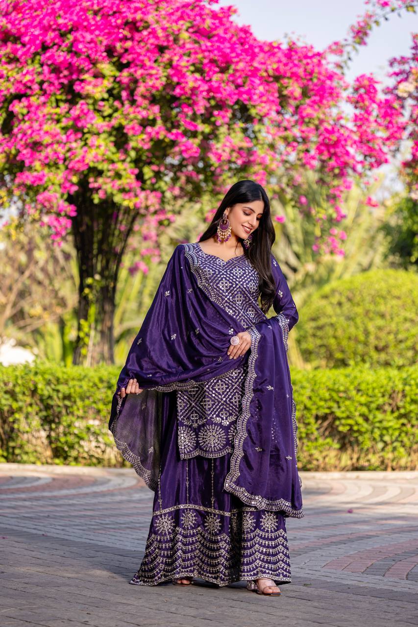 Presenting Purple Color Chinon Readymade Sharara Suit For Wedding