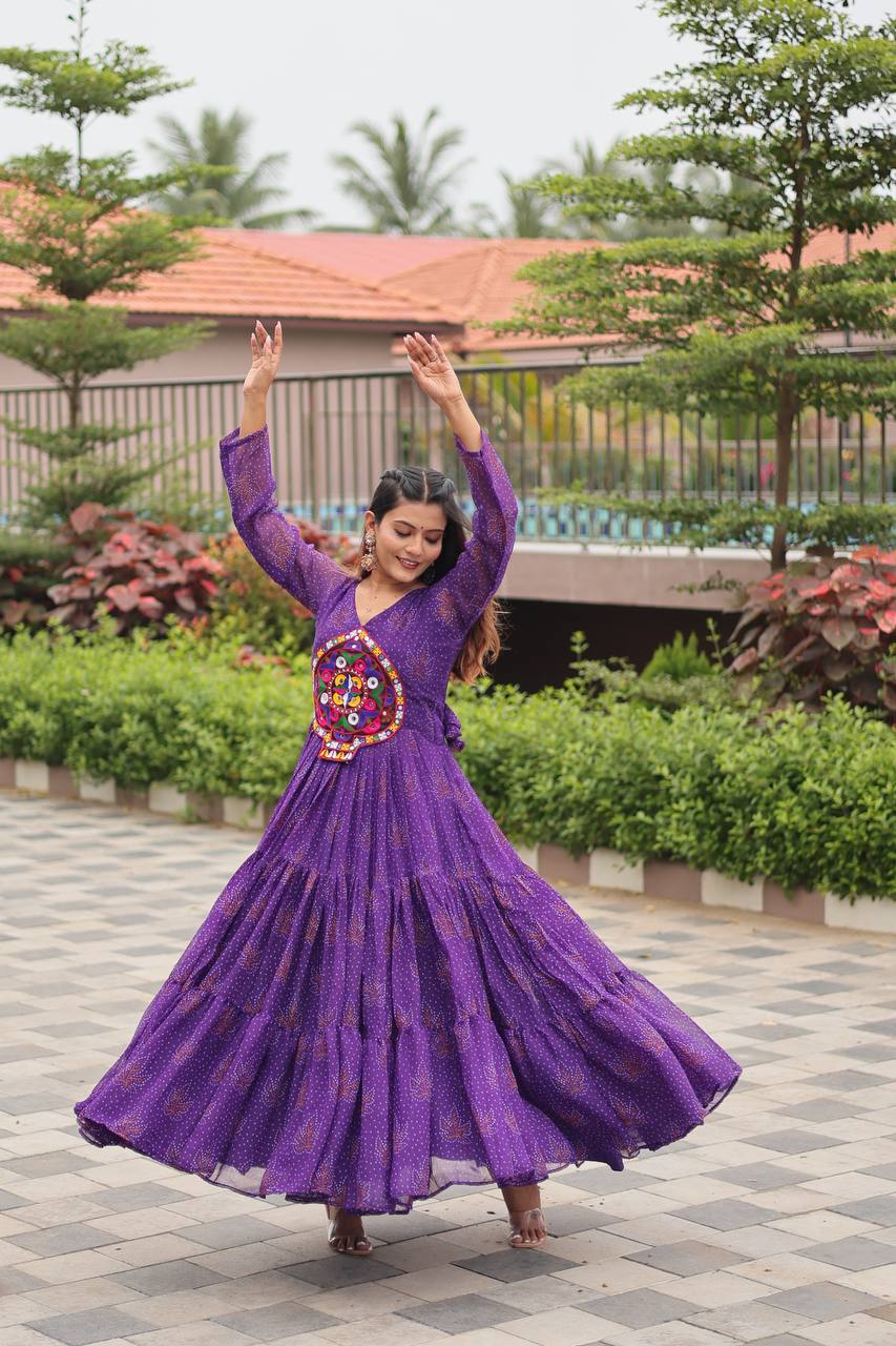 Gamthi Work Purple Georgette Stitched Gown For Garba