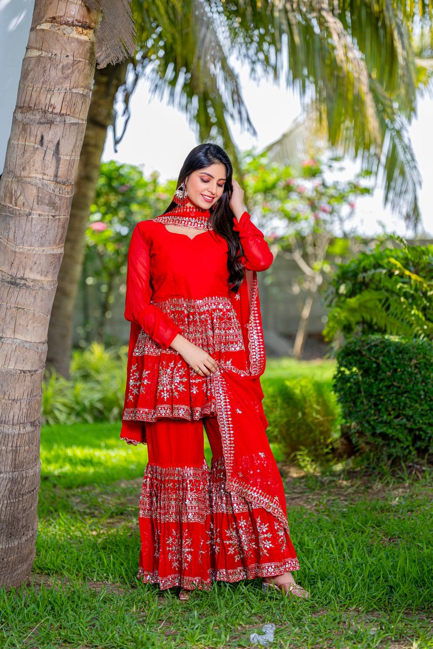 Designer Party Wear Special Red Color Top & Sarara Pair With Dupatta