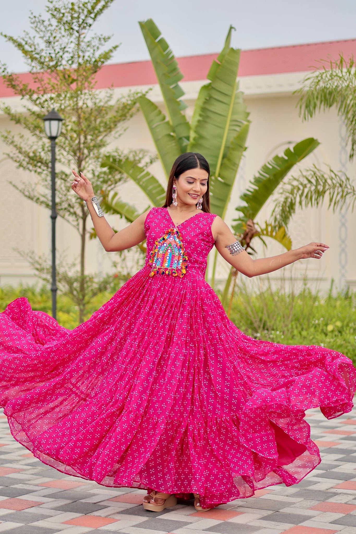 Stunning Pink Readymade Georgette Mirror Work Gown