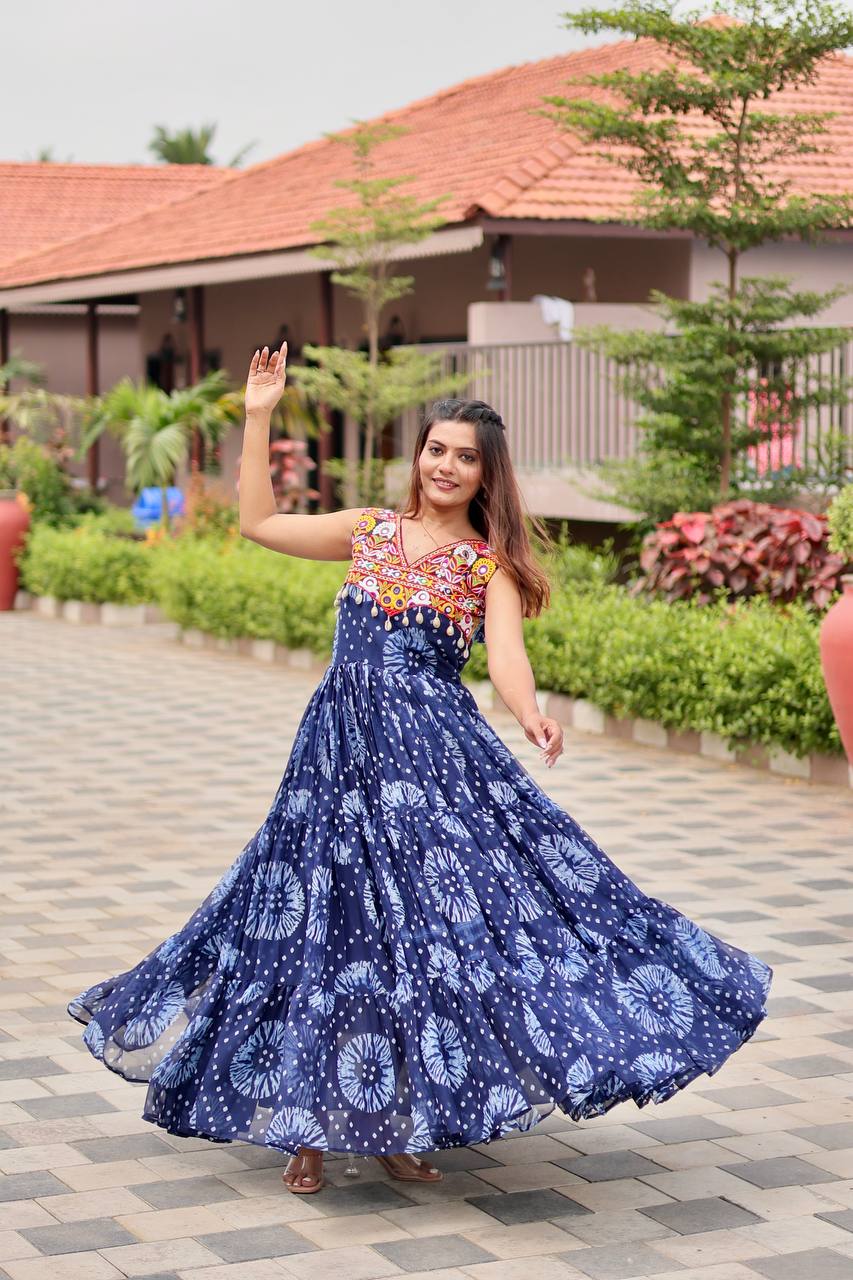 Gamthi Mirror Work Blue Color Georgette Gown For Garba