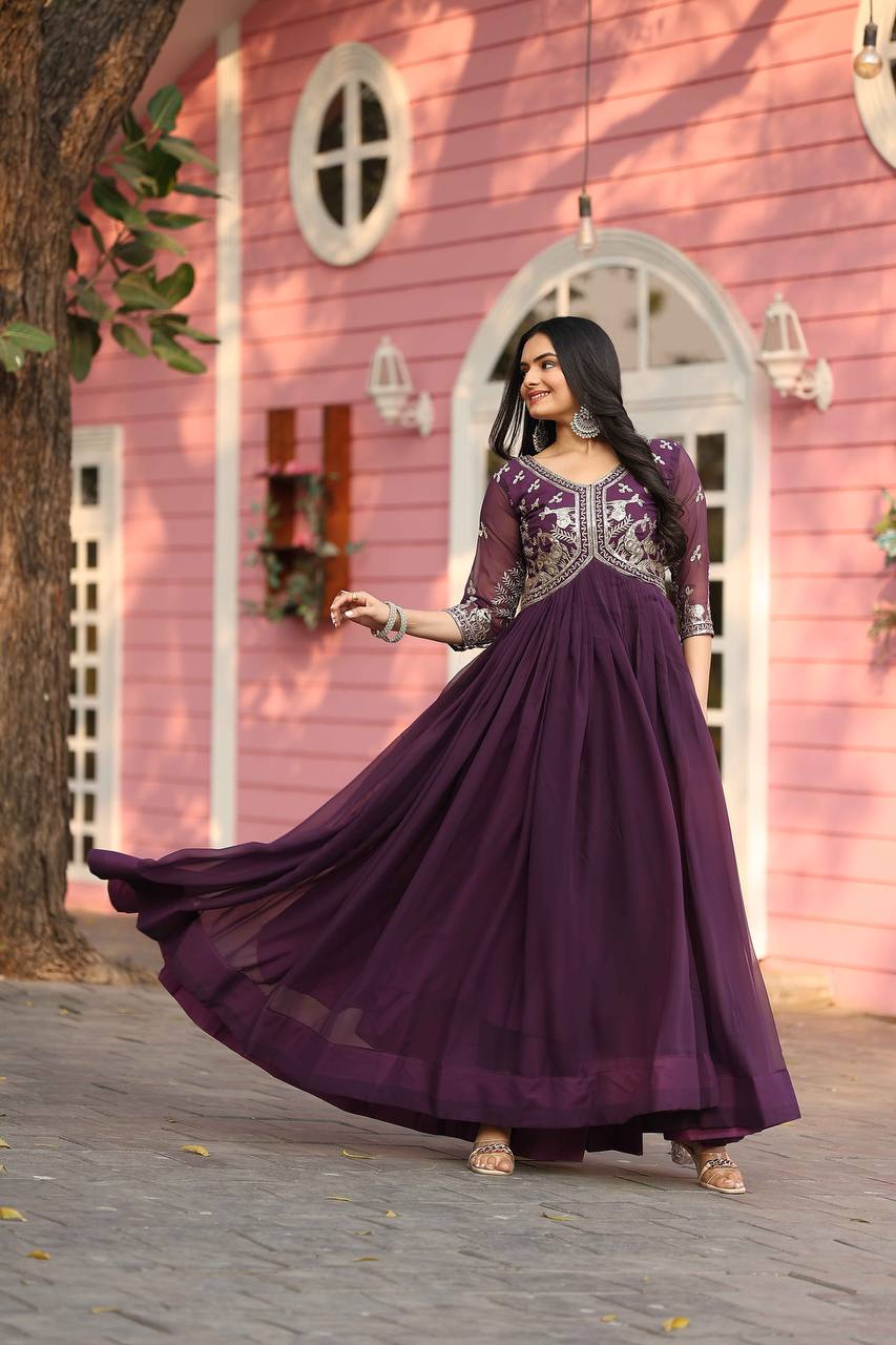 Purple Color Fox Georgette Work Designer Long Gown
