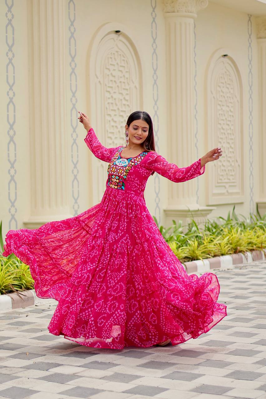Classic Pink Georgette Embroidery Work Gown For Garba