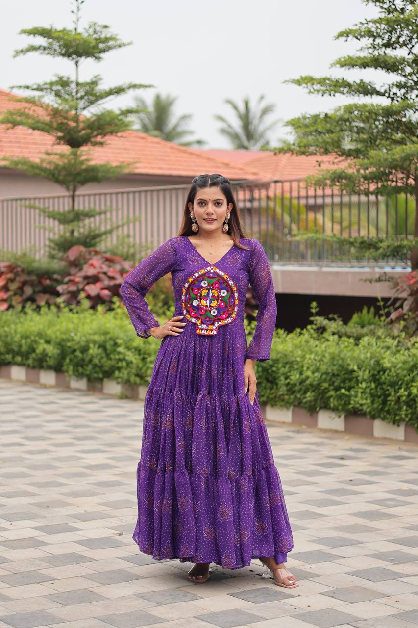 Gamthi Work Purple Georgette Stitched Gown For Garba