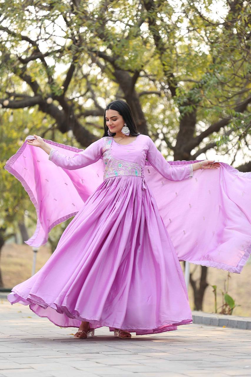 Exclusive Lavender Color Chinon Designer Party Long Gown With Dupatta