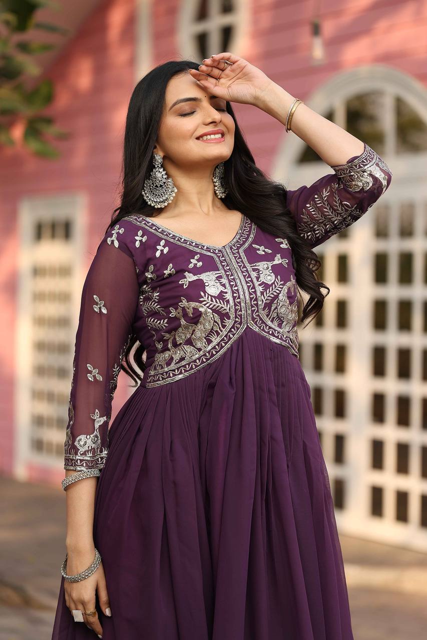 Purple Color Fox Georgette Work Designer Long Gown