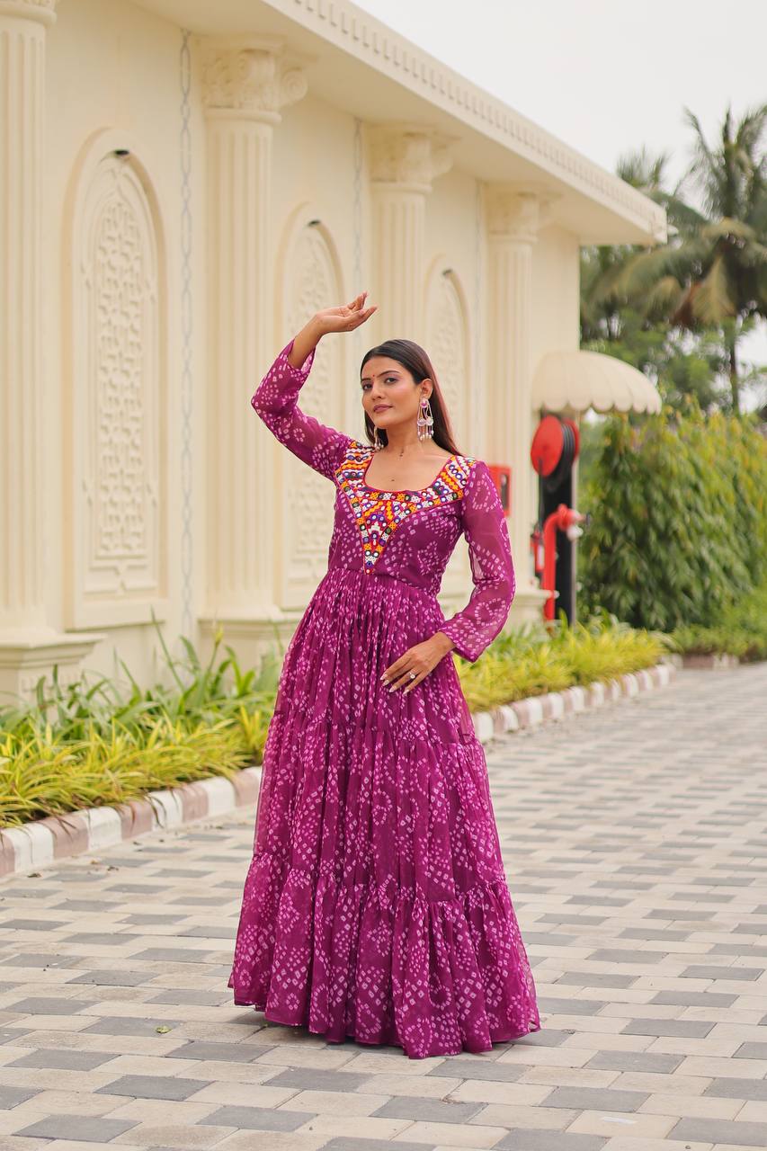 Ready To Wear Pink Georgette Real Mirror Work Gown For Garba