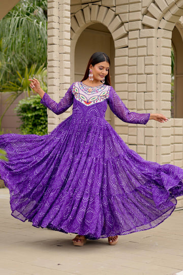 Purple Georgette Embroidery Work Gown For Festive
