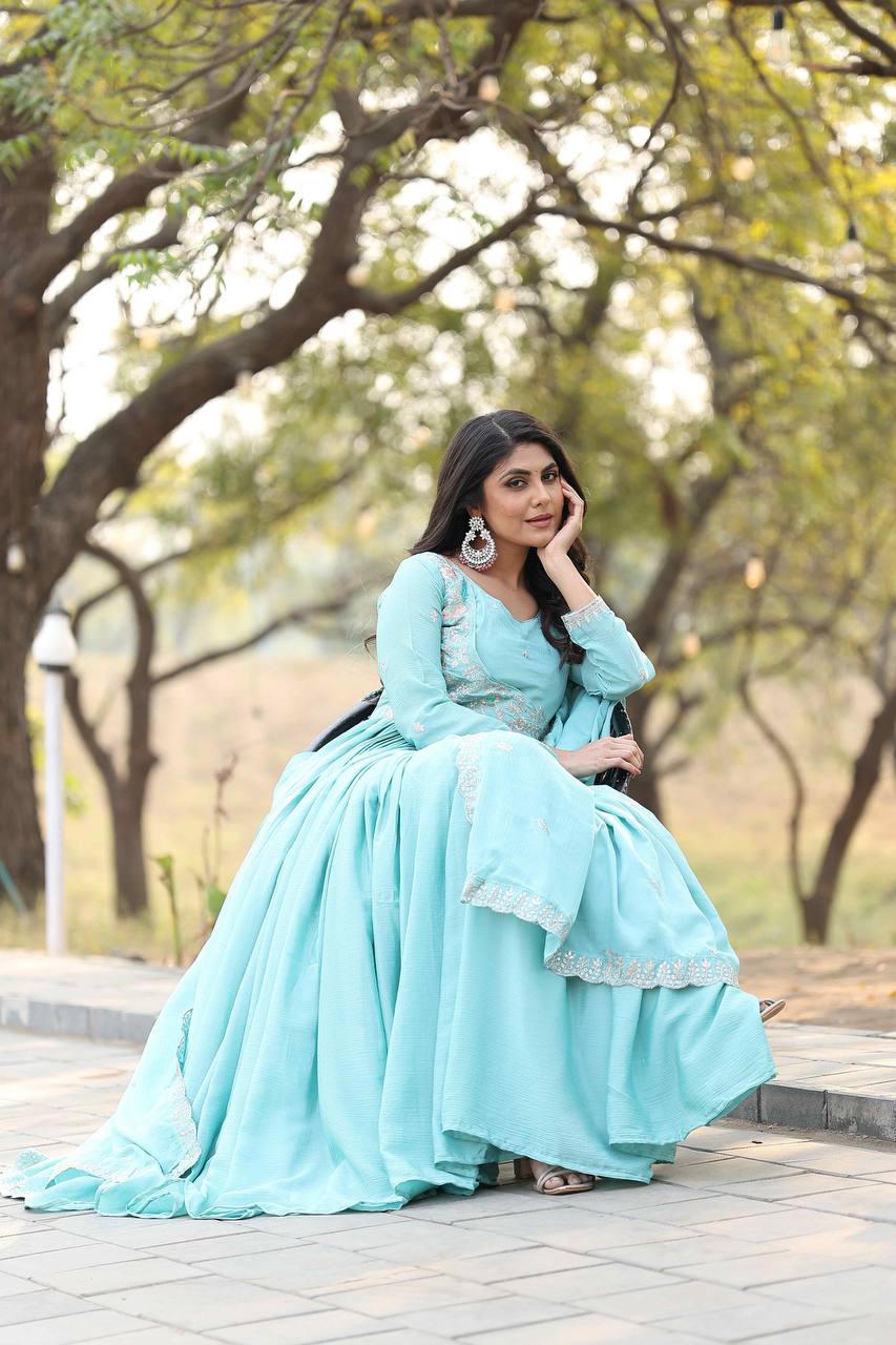 Designer Sky Blue Chinon Wedding Wear Gown for Women