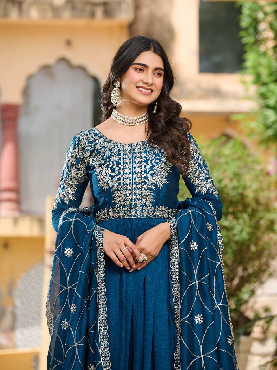Bollywood Style Teal Blue Vichitra Silk Wedding Gown With Dupatta
