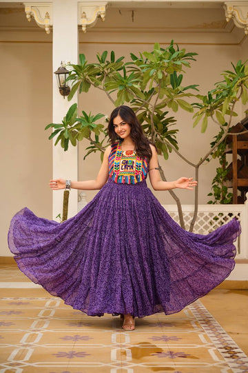 Navratri Special Purple Color Georgette Gamthi Work Gown