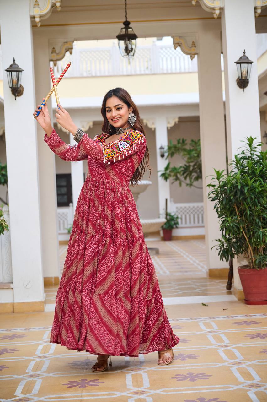 Gamthi Mirror Work Navratri Special Red Georgette Gown