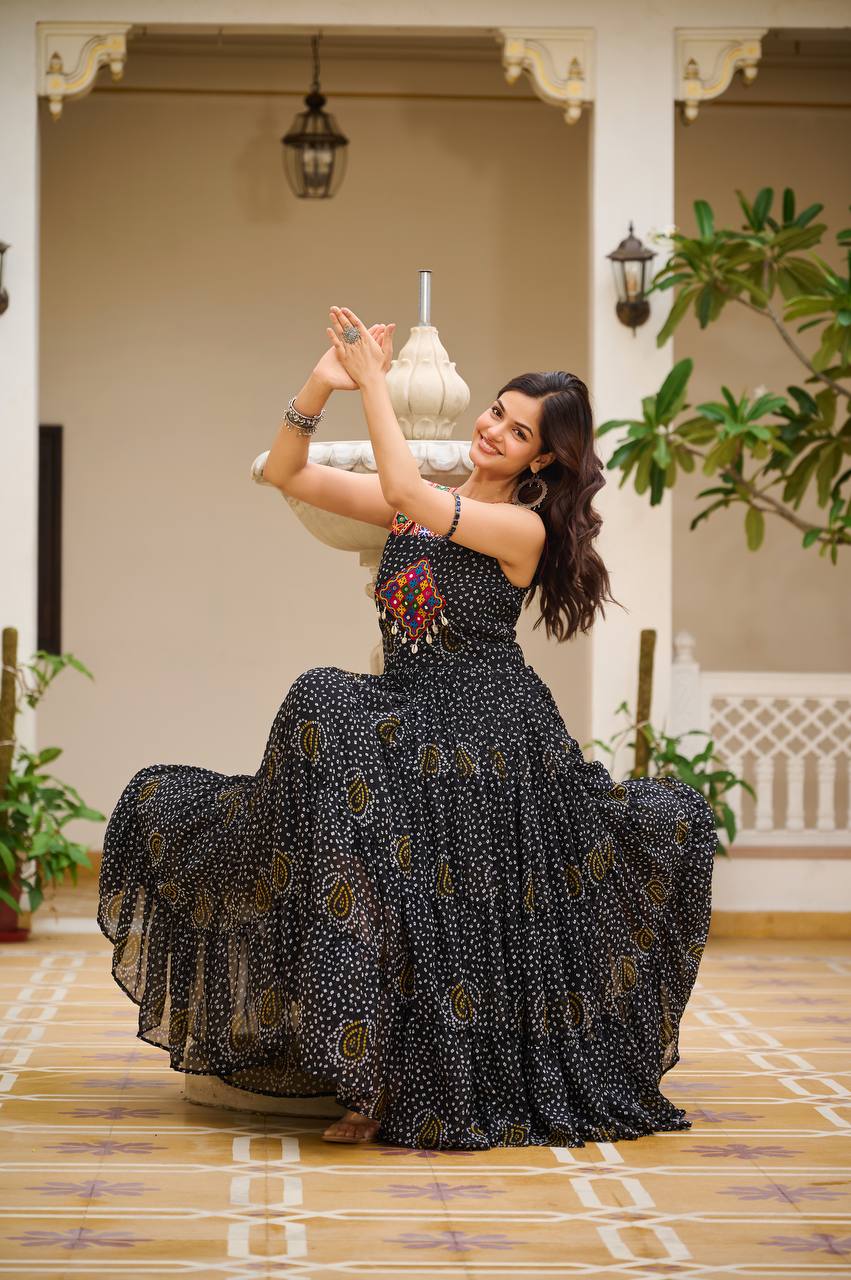 Bandhani Printed Black Georgette Navratri Gown