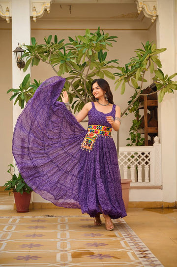Purple Color Georgette Bandhani Printed Gown For Navratri