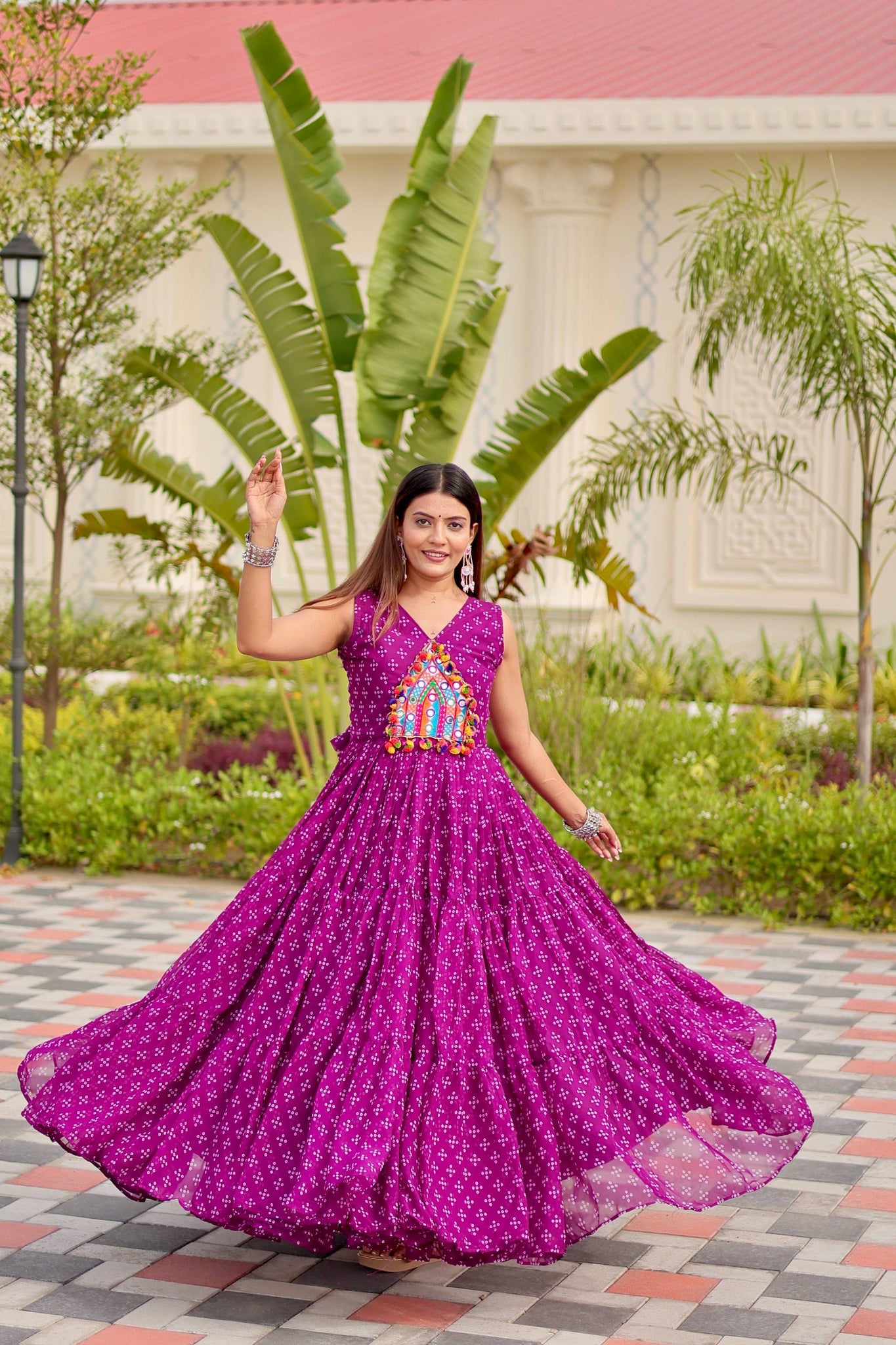 Elegance Purple Georgette Mirror Work Readymade Gown