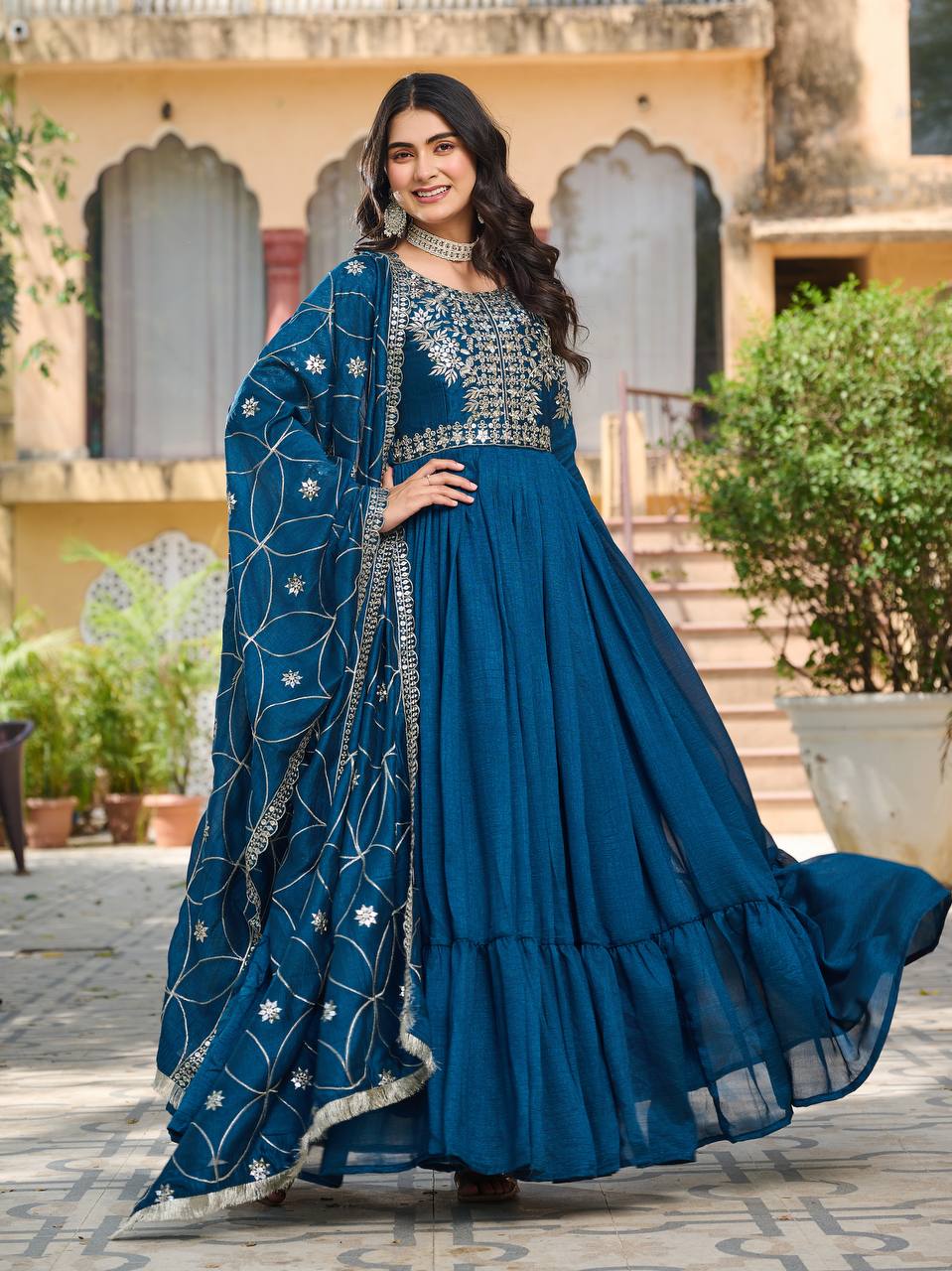 Bollywood Style Teal Blue Vichitra Silk Wedding Gown With Dupatta