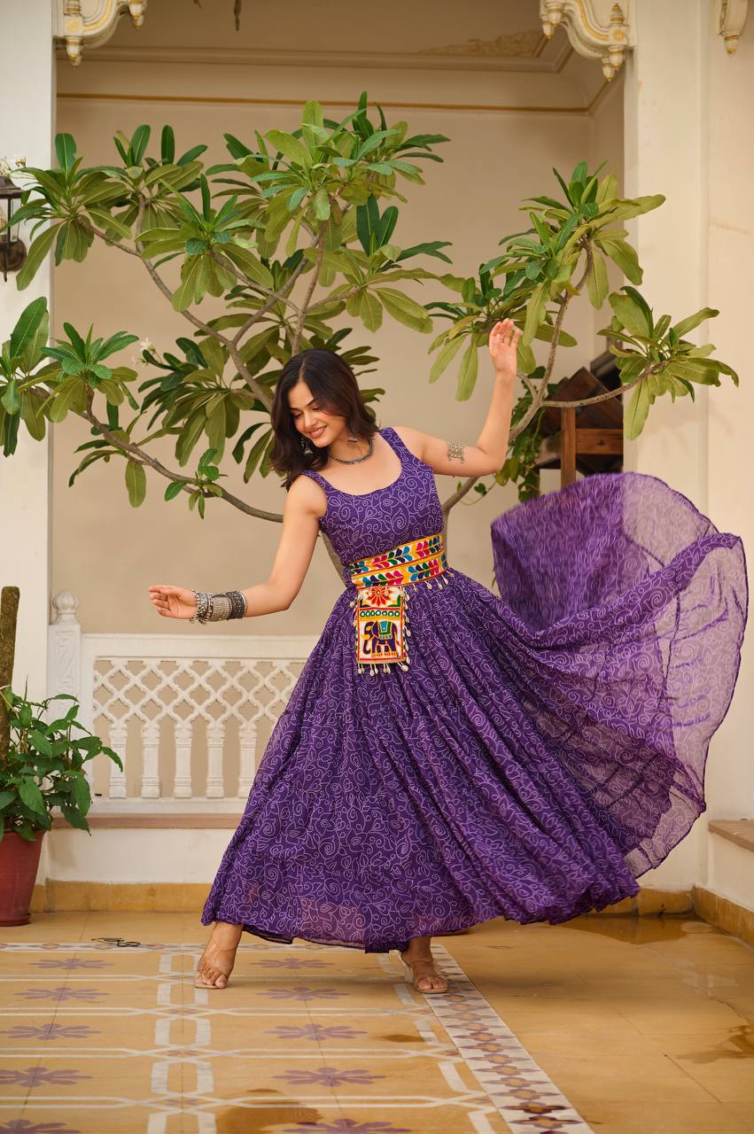 Purple Color Georgette Bandhani Printed Gown For Navratri