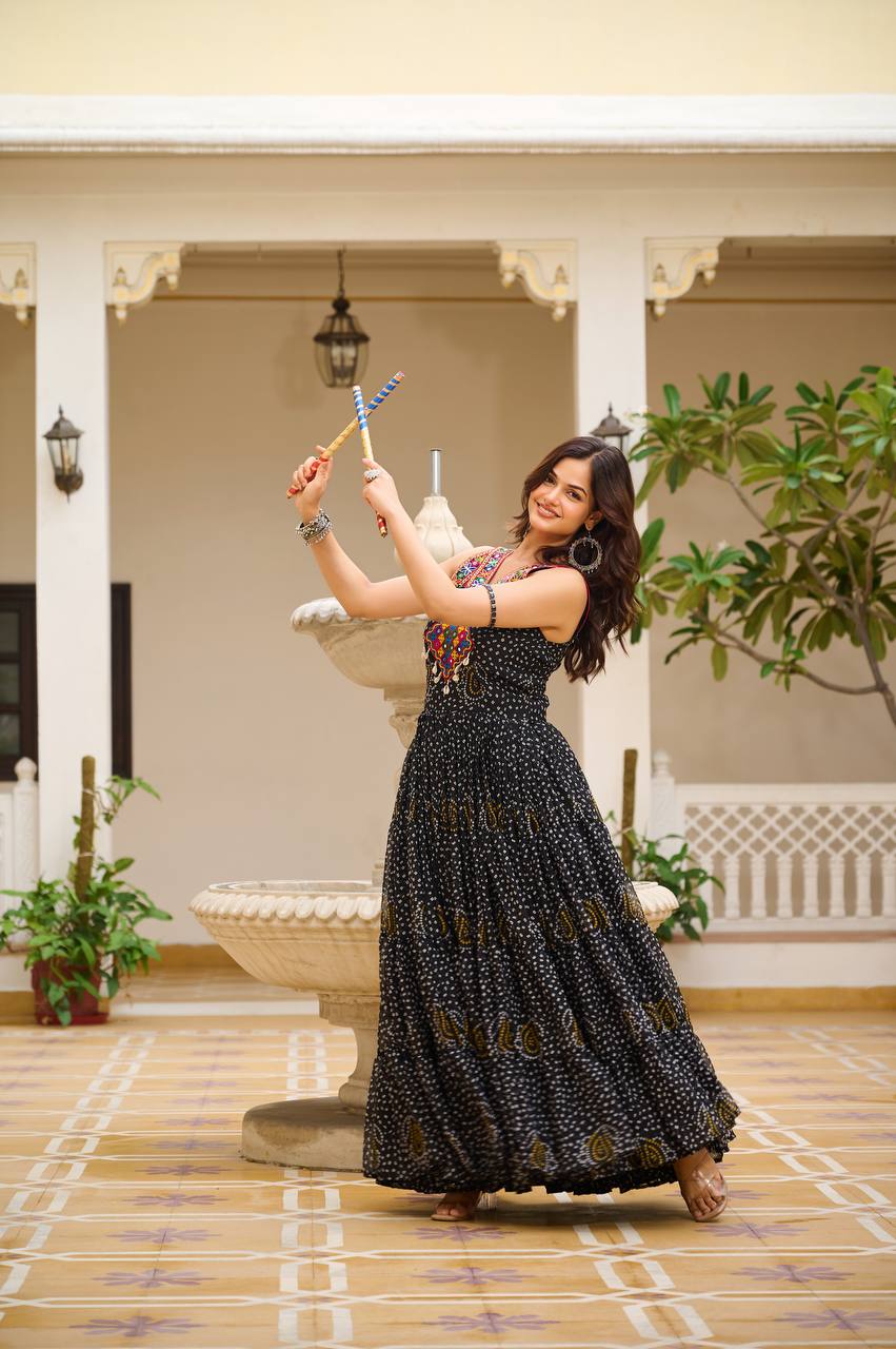 Bandhani Printed Black Georgette Navratri Gown