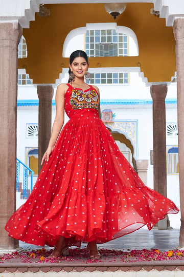 Demanding Red Georgette Gamthi Work Navratri Gown